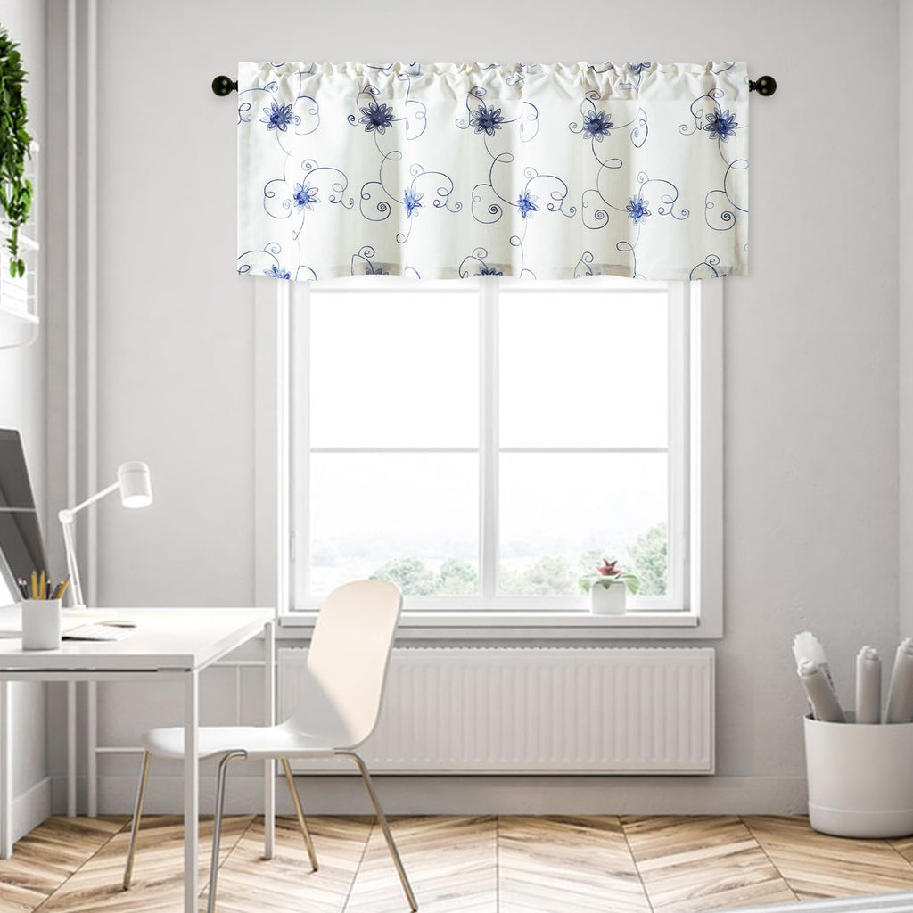 Blue Floral Vine Embroidered Window Valance, 60 x 18, 1 Panel