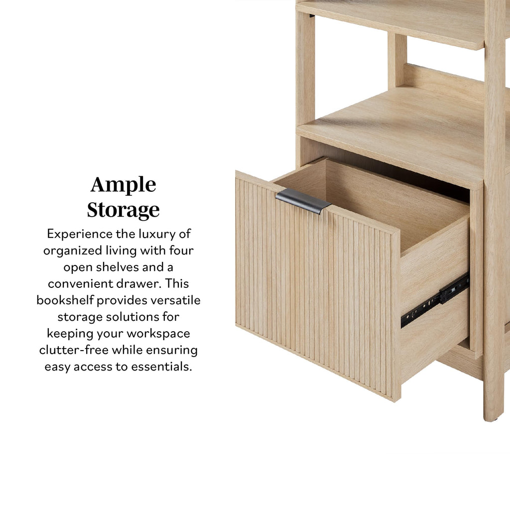 Transitional Reeded Narrow Open Bookshelf with Drawer on Bottom, 4-Shelf Bookcase with Bottom Storage, 22"W x
