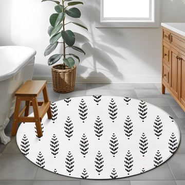 3ft Round Rug,Modern Scandi Botanical Leaves Washable Area Rugs Non-Slip Accent Rug Minimalist Black Leaf on White