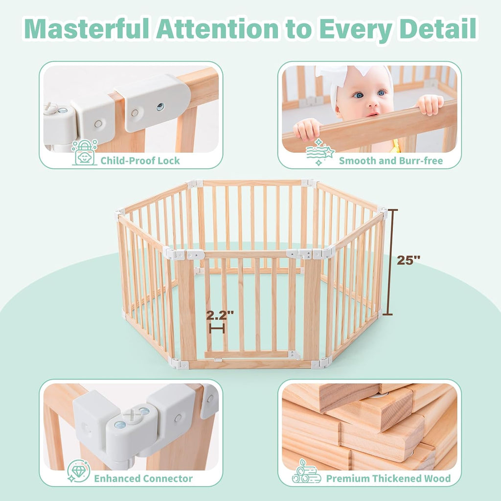 Foldable Wooden Playpen-51x51x25in-Large Baby Gate Playpen with Child-Proof Lock-Easy Assembly, Portable Design for