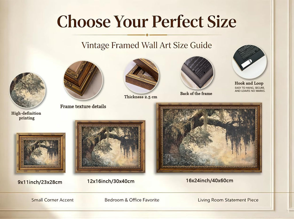 Vintage Gold Framed Vintage Oak Tree Wall Art Retro Landscape Canvas Wall Decor Oak Tree Moss Artwork Picture Retro