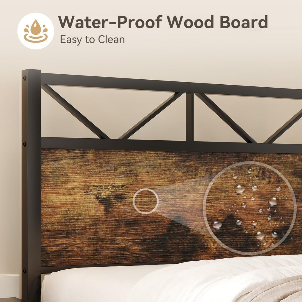 Bed Frame, 51.2" Tall Industrial Headboard, Rustic Brown