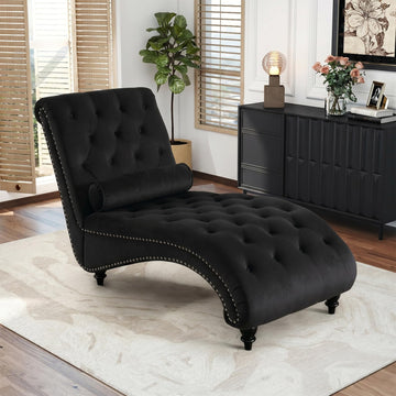 Black Velvet Chaise Lounge Indoor with Toss Pillow, Modern Pink Chaise Lounge Chair, Upholstered Armless Velvet