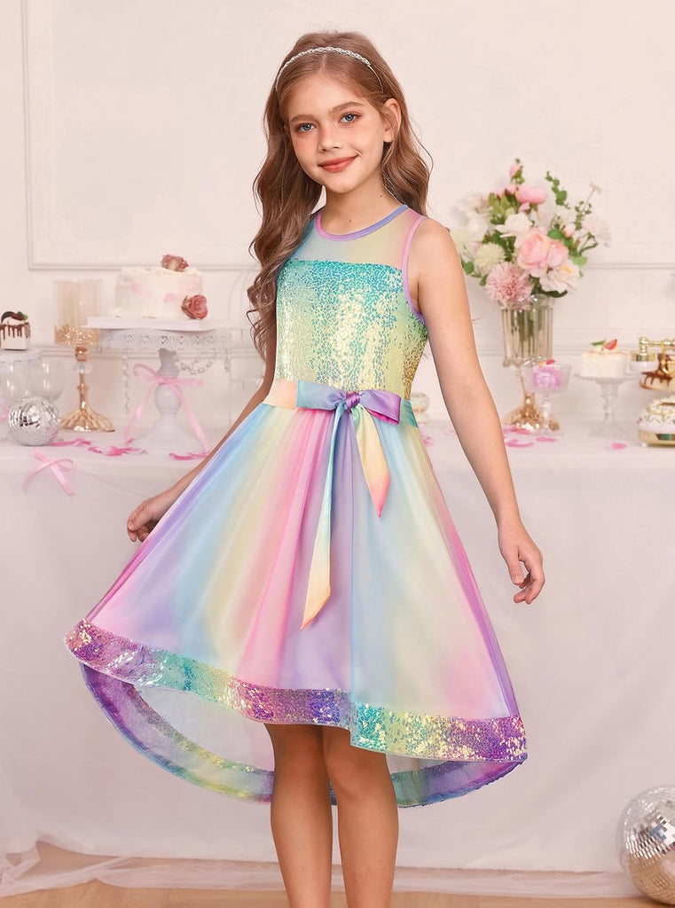 Girls Sequin Party Formal Dress Wedding Guest Sparkle Fancy Birthday Tulle High Low Prom Dresses