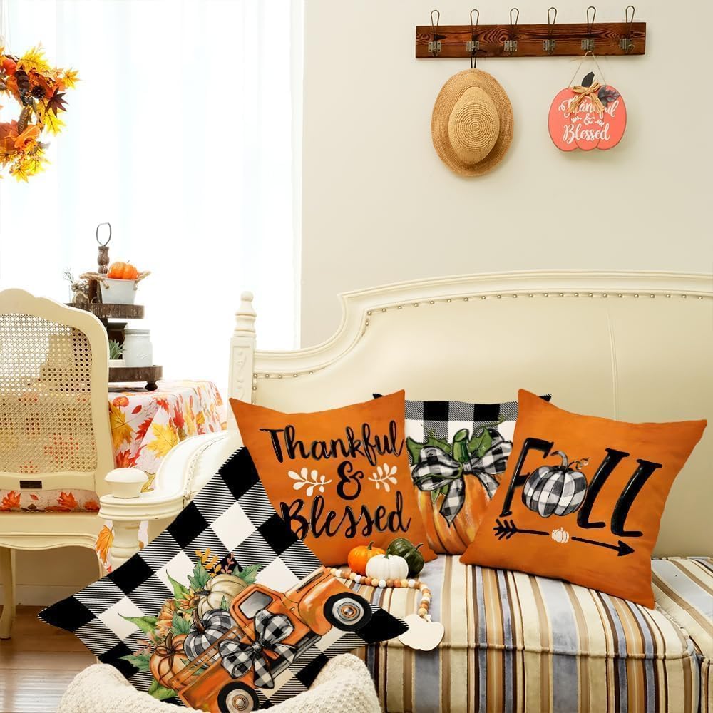 Fall Buffalo Plaid Pumpkin Throw Pillow Covers 18 x 18 Inch - Set of 4