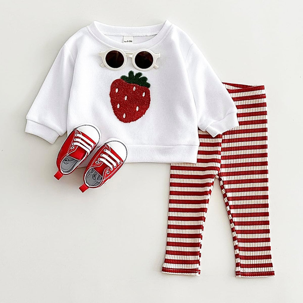 Baby Girls' And Toddler Long Sleeve Active Shirt and Pant, 2 Piece, Strawberry & Lemon Embroidery Top + Stripe Pants