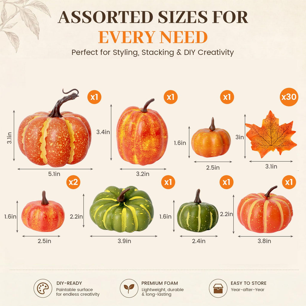 38 PCS Fake Pumpkin Set, 8 PCS Pumpkins for Decorating, Fall Table