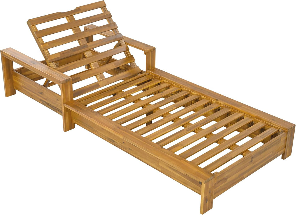 Acacia Wood Chaise Lounge Chair Outdoor, Solid Wood Patio Chaise Lounge, Adjustable Backrest Sun Lounger