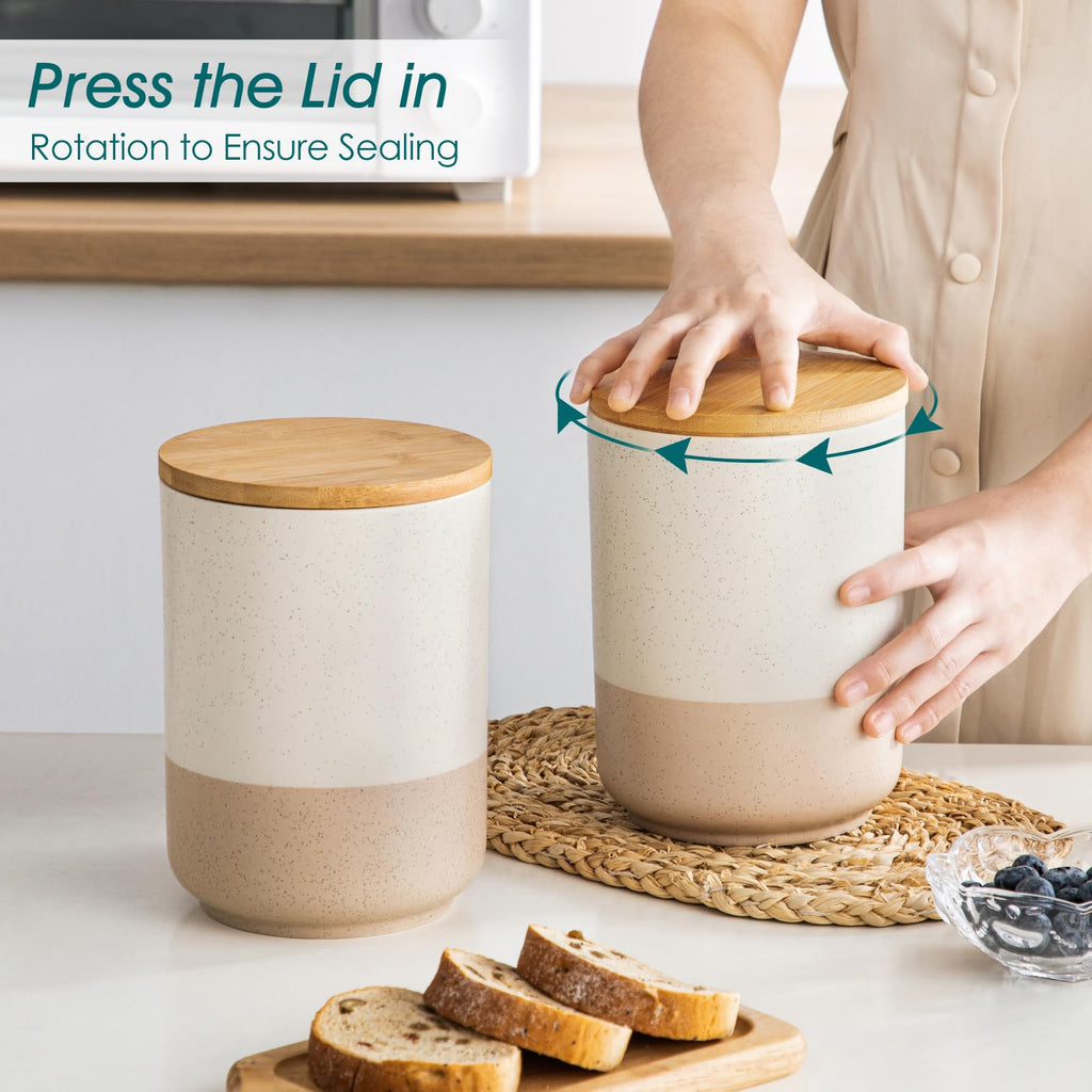 Sabine Large Ceramic Canister Set with Airtight Wood Lids - 2-Piece Kitchen Food Storage Jars for Flour, Sugar