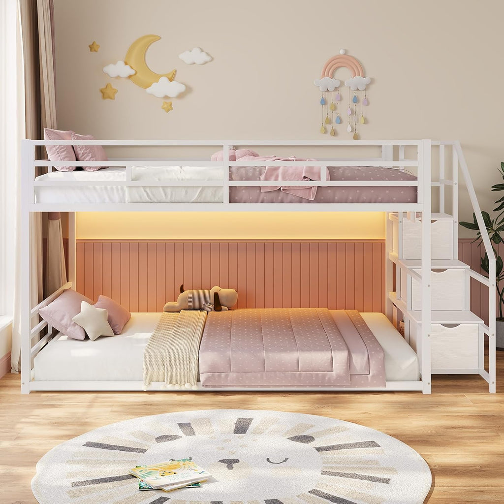 Low Bunk Bed Twin Over Twin with Stairs, Storage Drawers & Shelves, RGB LED Lights Metal Floor Bunk with Power Outlet