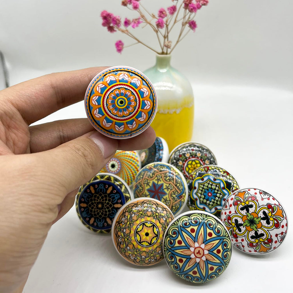 Bohemian Ceramic Knobs - 10Pcs Round Porcelain Knobs - Exquisite Ceramic Bohemian Handles - Bohemian Style Cabinet