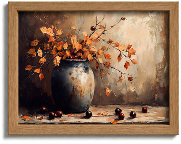Framed Vintage Autumn Leaf Vase Wall Art, Rustic Still Life Painting Picture Wall Decor, Fall Thanksgiving Botanical