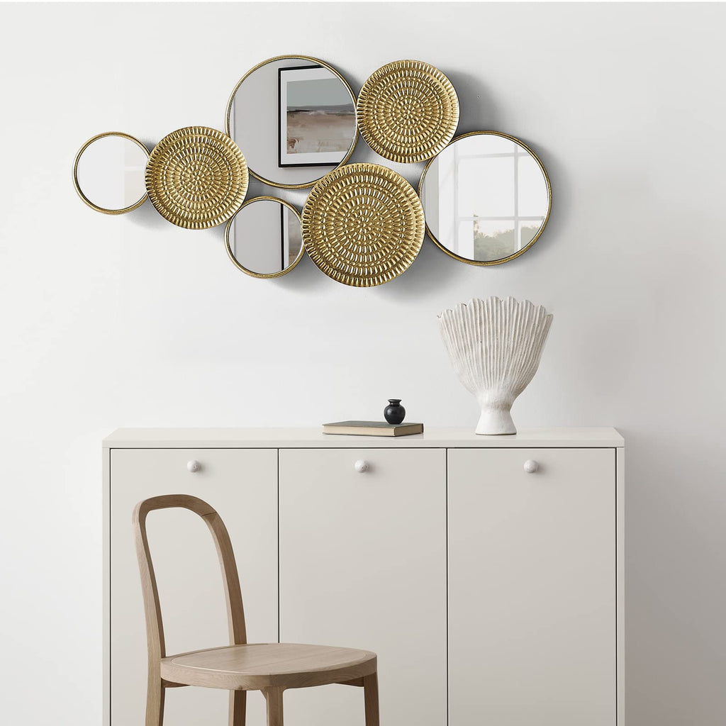 Decor Metal Wall Decor with Multi Circle Plates Mirror, Large Modern Wall Art Sculpture Decor, 43.3 X 1.9 X