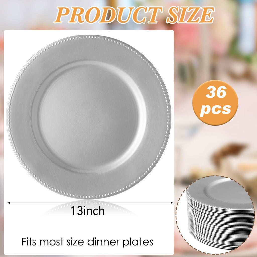 36 Pack 13 Inch Silver Beaded Round Charger Plates
