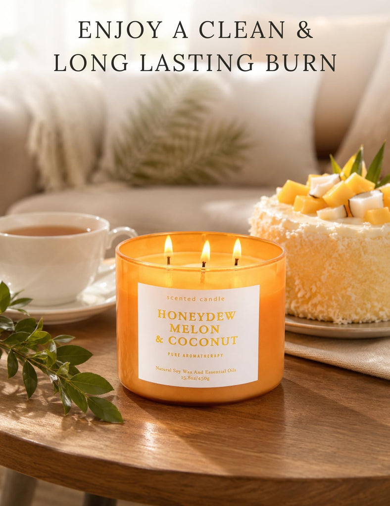 Fruity Honeydew Melon Coconut Scented Candle, Large 3 Wick Soy, 15.8 Oz
