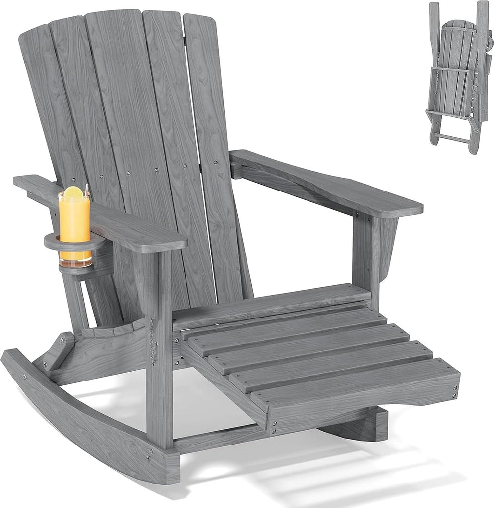 Adirondack Rocking Chair with Retractable Ottoman,Outdoor Folding Adirondack Chair with Cup Holder,HDPE All-Weather