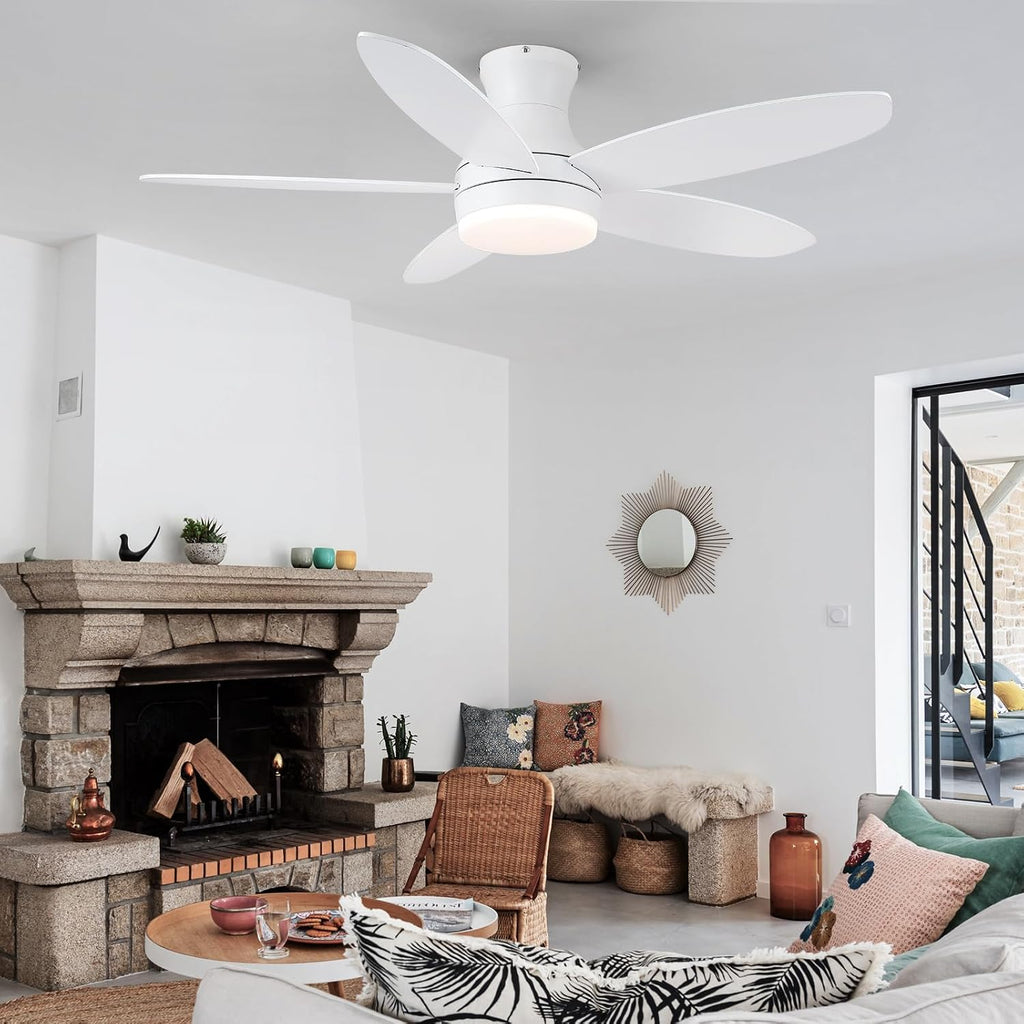 48 Inch Ceiling Fan with Light, White Flush Mount Ceiling Fan with Remote and APP Control, Dimmable and 6 Wind Speed, Modern Low Profile Fan Light for Bedroom, Covered Outdoor A101-B0DC6DDD5N