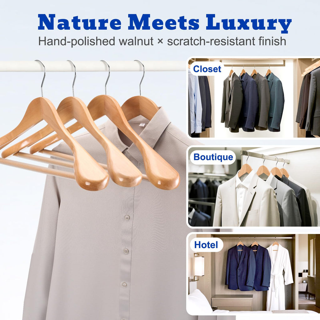Wide Shoulder Wooden Hangers, Suit Hangers with Non Slip Pants Bar, Smooth Finish 360° Swivel Hook High-Grade Solid