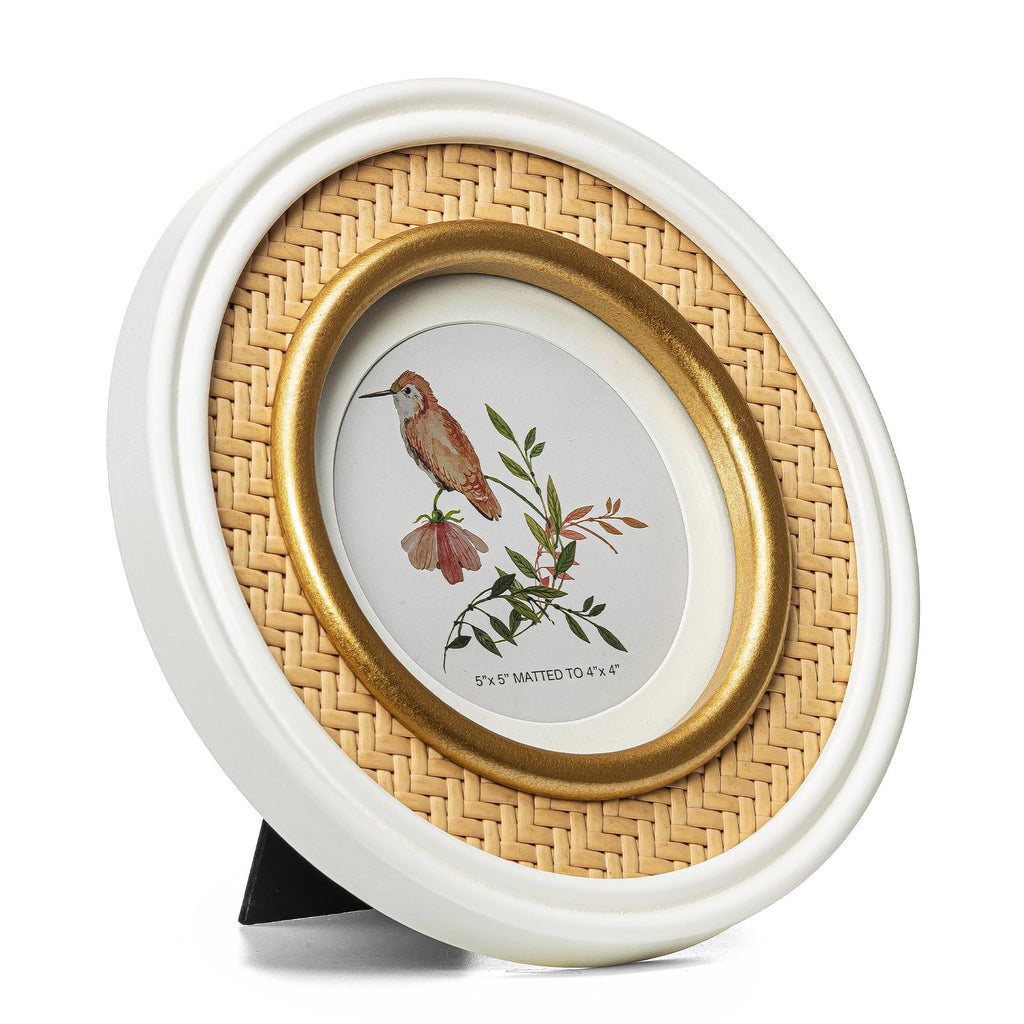 5x5 White & Glod Round Picture Frame with Rattan Trim, Solid Wood with Real Glass, Matted to 4x4, Display Photos
