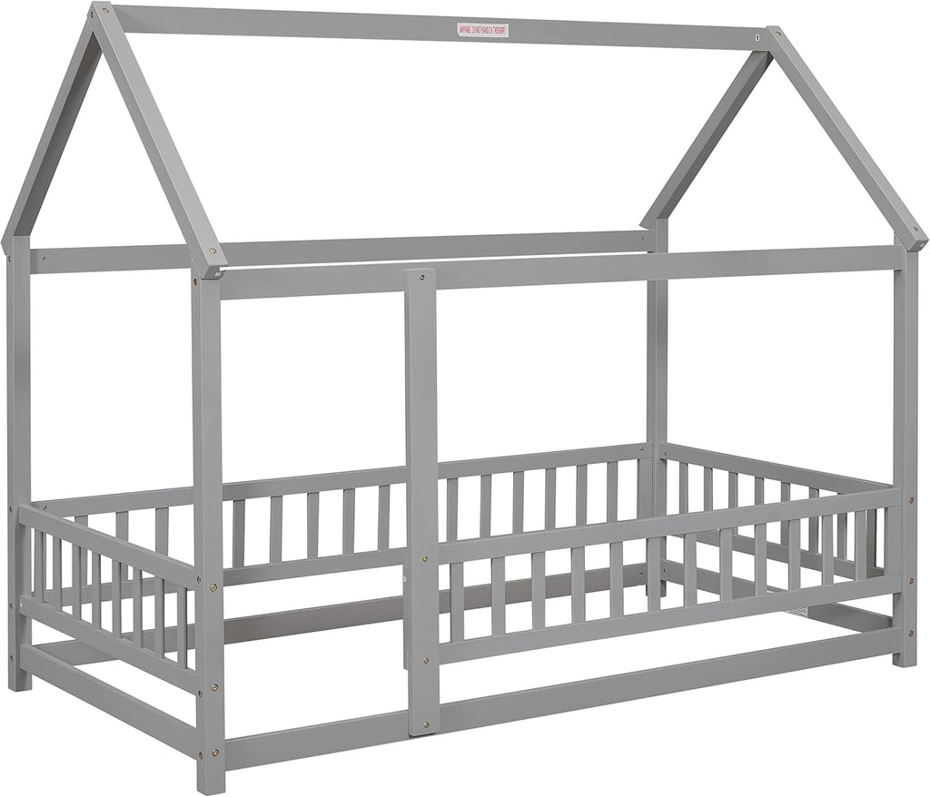 Montessori Floor Bed with Roof & Fence Guardrails for Boys Girls Bedroom, Floor Wooden Bed