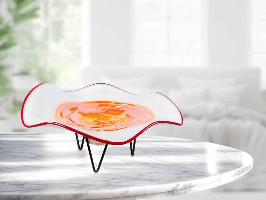 AV23010 Cavalier Hand Blown Art Glass Bowl with Decorative Centerpiece Stand, White Orange, 18-Inch Wide