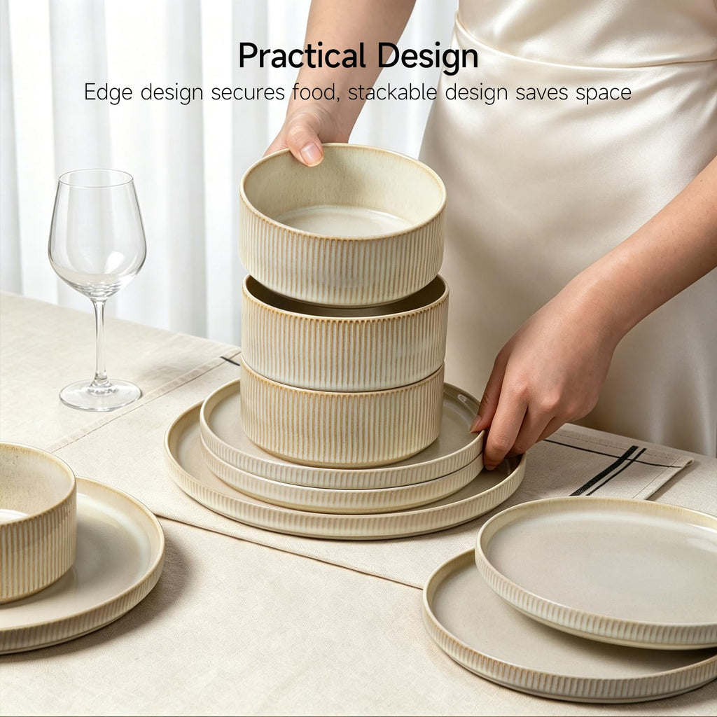 Stoneware Dinnerware Sets for 4, 12Pcs Ribbed Plates and Bowls Set, Beige