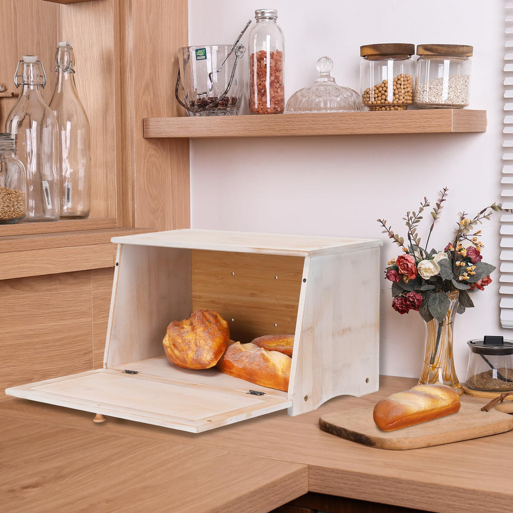 Bread Box - Vintage Wood Counter, Food Storage Bin,White