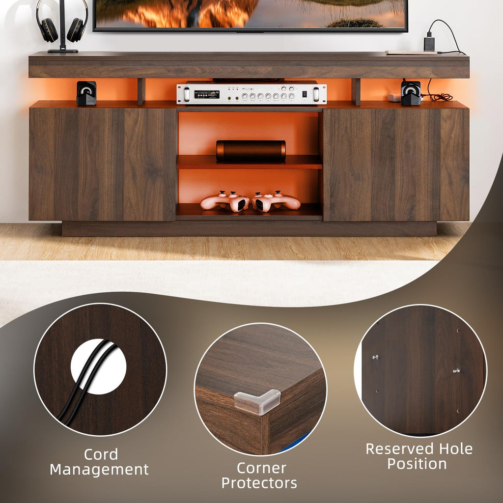 Modern LED TV Stand for 65 Inch TV, Walnut TV Console with Power Outlet, Entertainment Center with Storage for