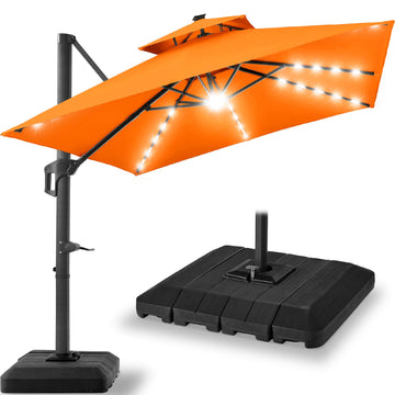 12x12ft LED Cantilever Patio Umbrella w/Base Included & 360° Rotation, Large Solar Offset Hanging Outdoor Sun Shade