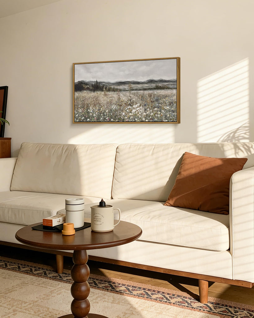 20x40in Extra Large Vintage Framed Wall Art Meadow with Flowers Landscape Painting Retro Scenery Farmhouse Bedroom