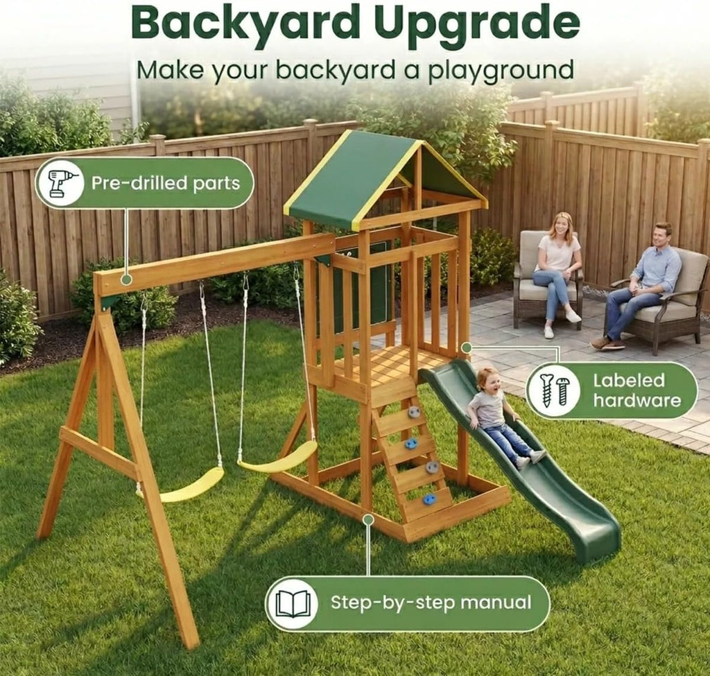 Cedar Wooden Backyard Playset with Swings, Wave Slide, Rock Wall Ladder, Sandbox Chalkboard & Canopy Roof, Outdoor
