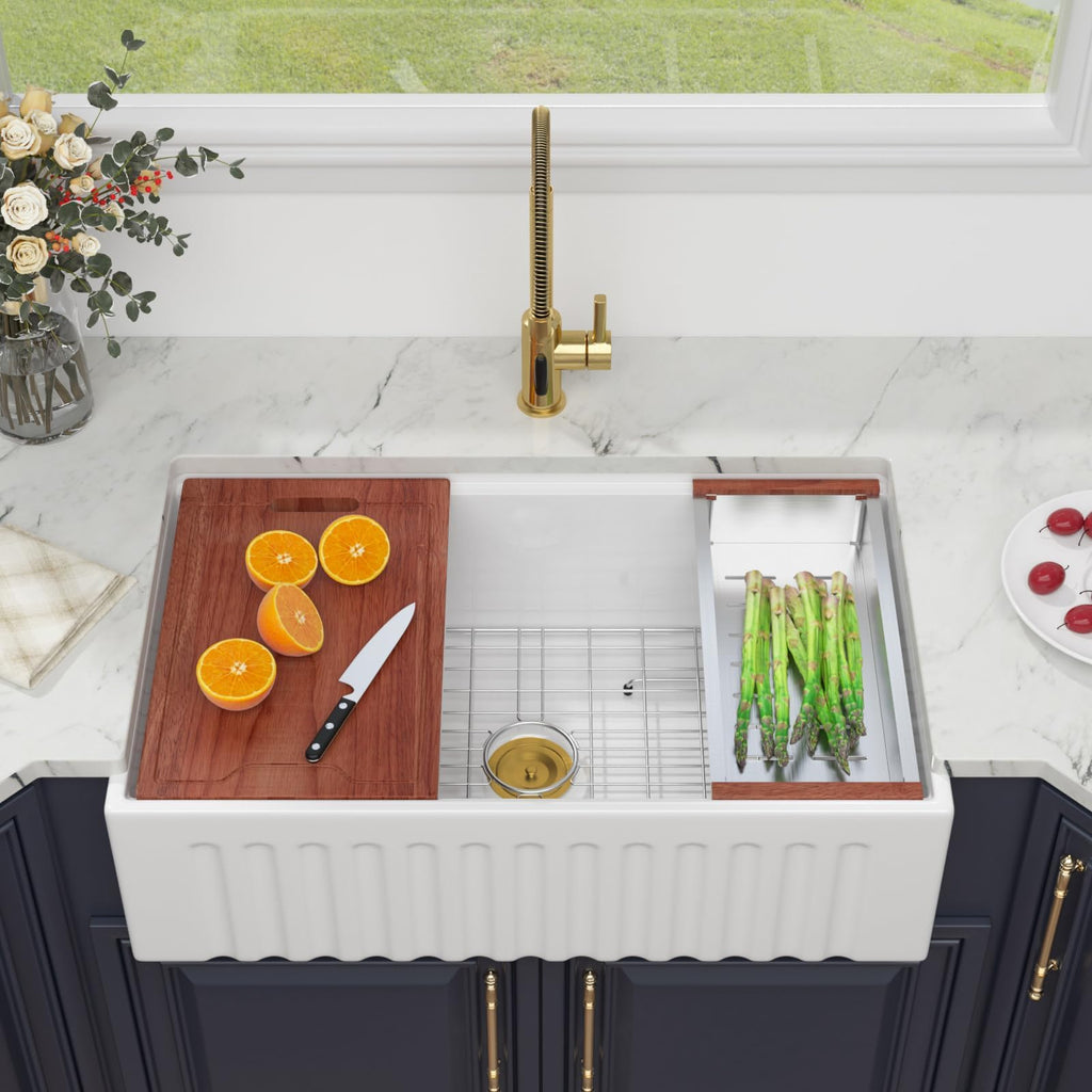 33 White Farmhouse Kitchen Sink - 33X20 Inch Ledge Workstation Reversible Fluted Apron Front Ceramic Porcelain Farm