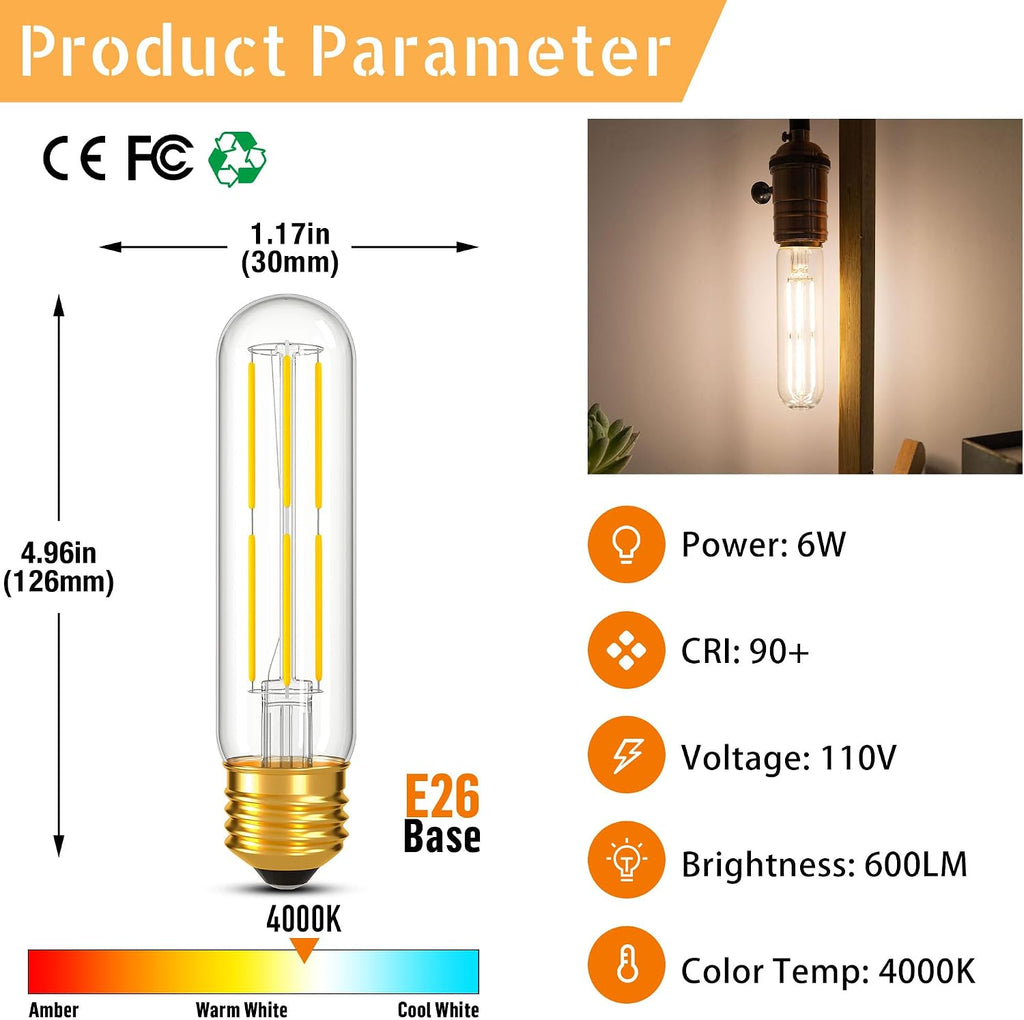 Dimmable E26 T10 LED Bulb Tube Light Bulbs 6W,4000K Neutral White 600LM
