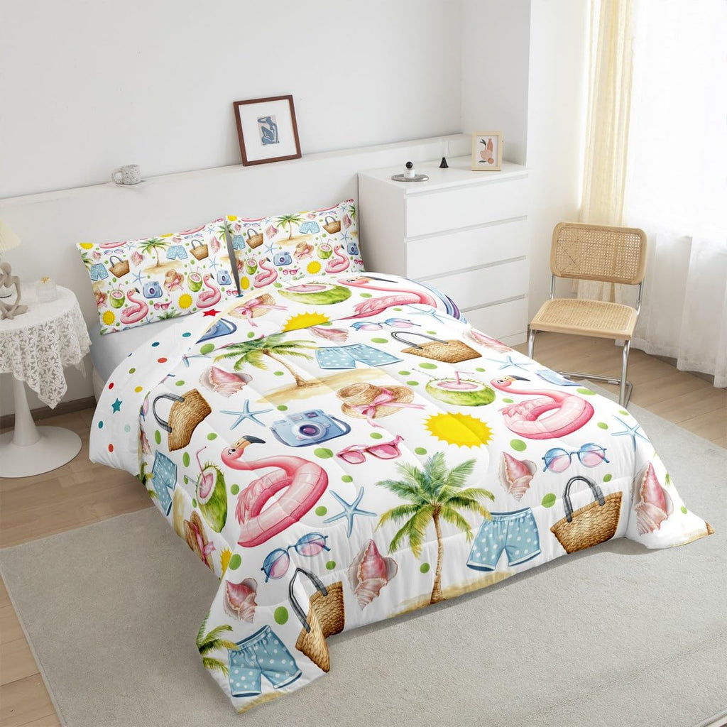 Hawaii Tropical Comforter Set, Summer Beach Palm Tree Coconut Starfish Coastal Bedding Set 3 Pcs for