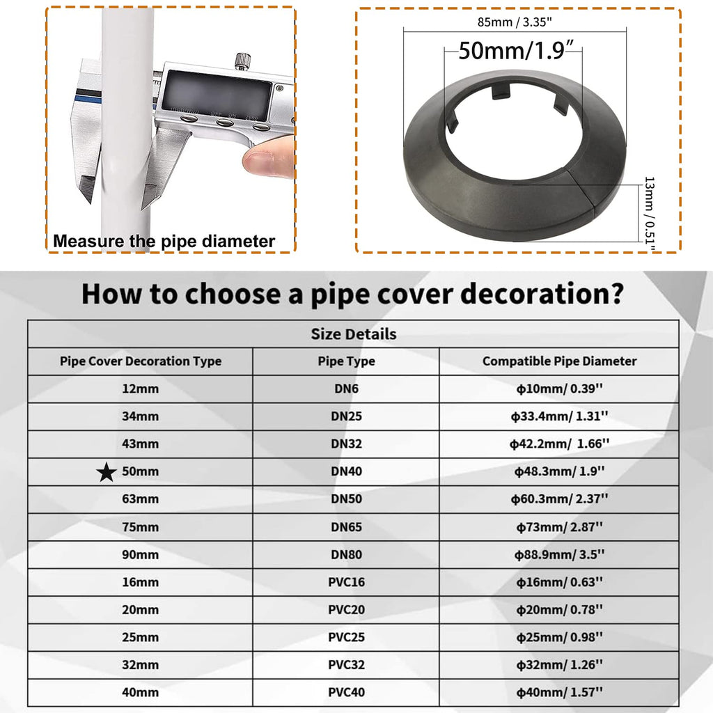 Black Flange Water Pipe Cover Fit 2" Outer Diameter Pipe 1Pc