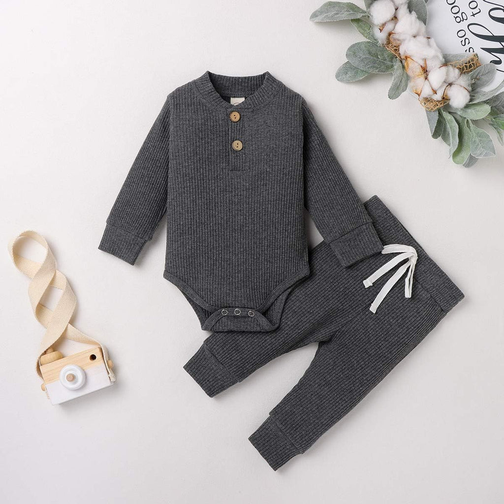 Newborn Infant Baby Boys Girls Fall Winter Clothes Ribbed Long Sleeve Romper Tops and Pants Outfits Set