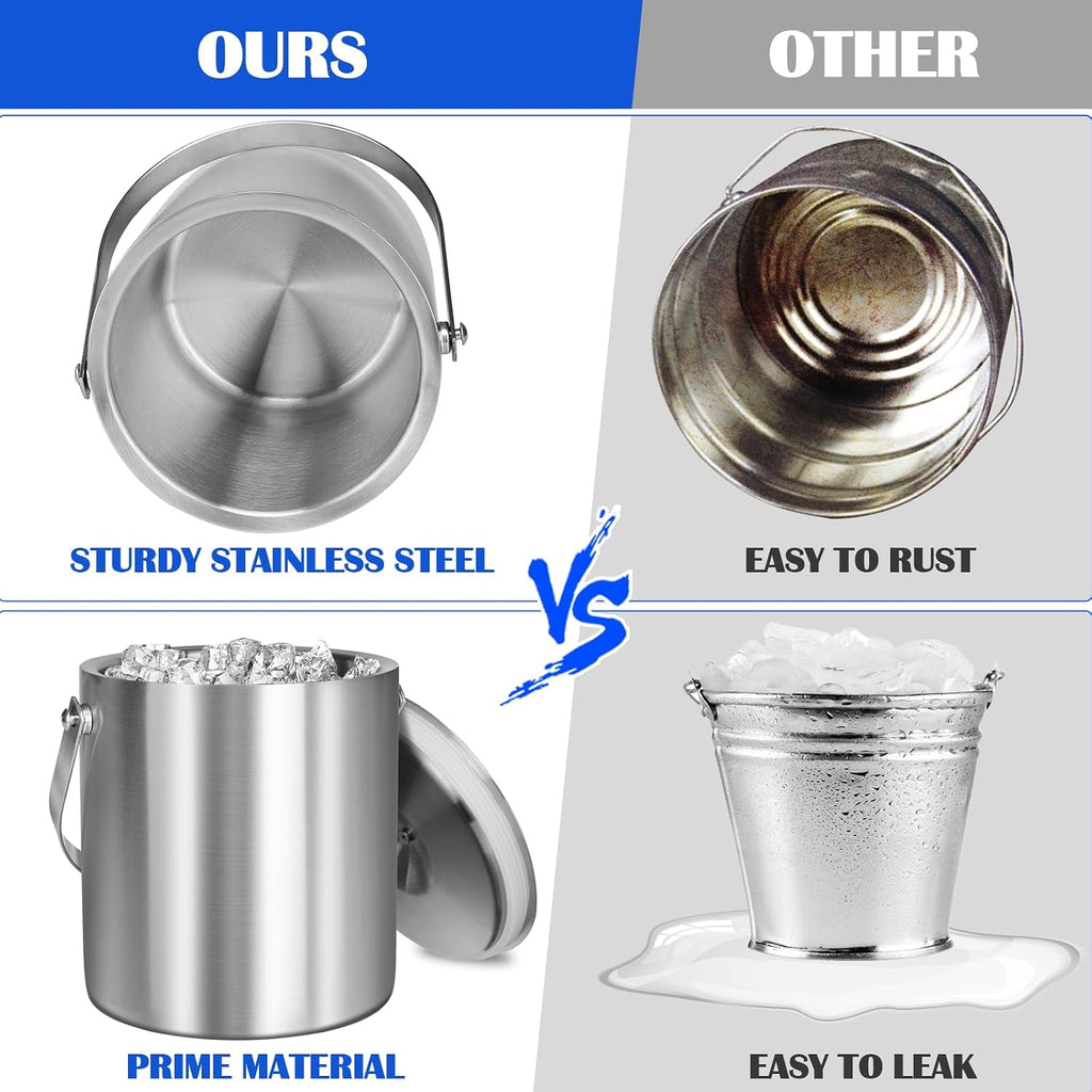 Ice Bucket with Lid & Tong- Well Made Insulated Stainless Steel Keep Ice Frozen Longer