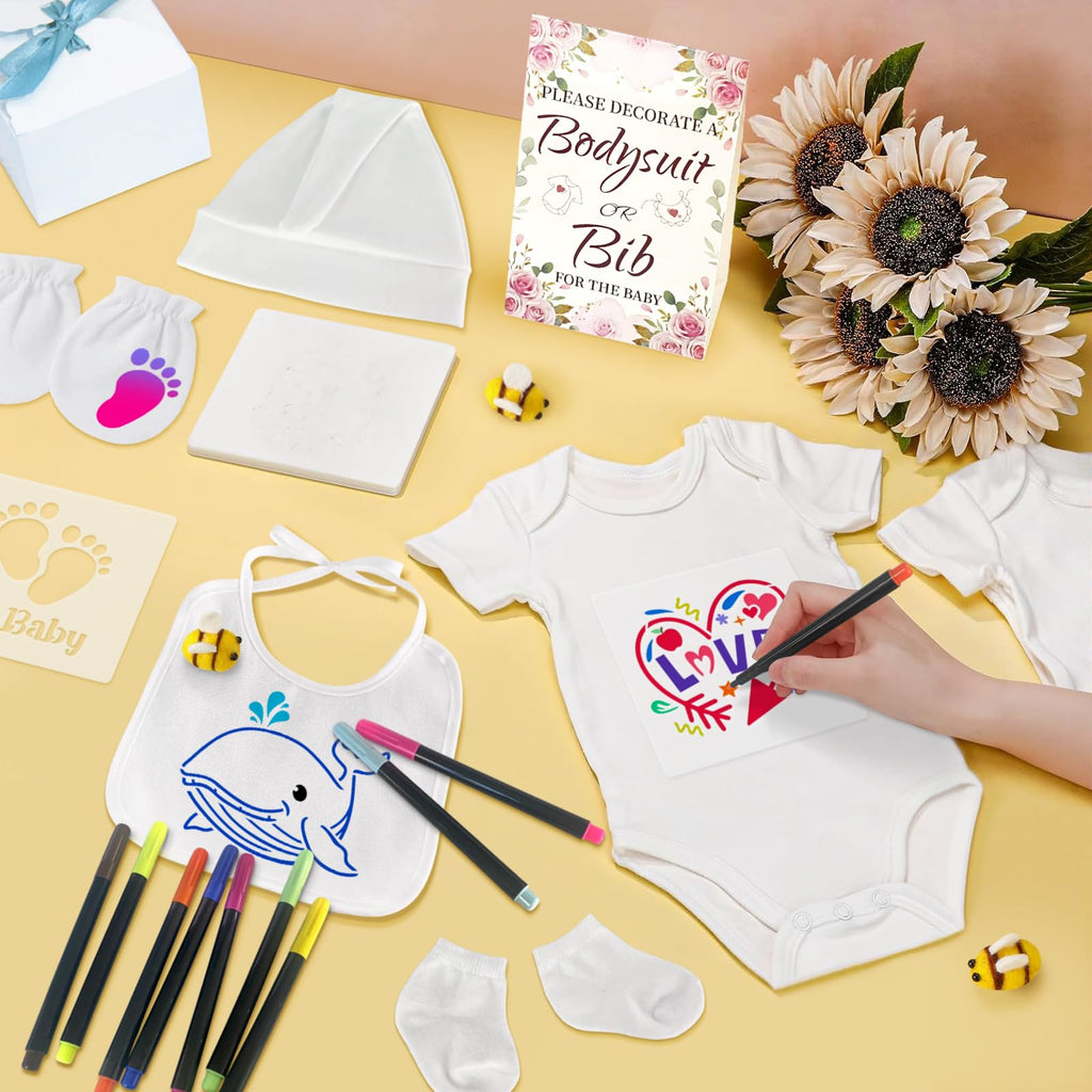 78PCS Baby Shower Set Baby Shower Game Sign Baby Bib Bodysuit White Baby Bib Newborn DIY Mittens Socks Hats(Flower)