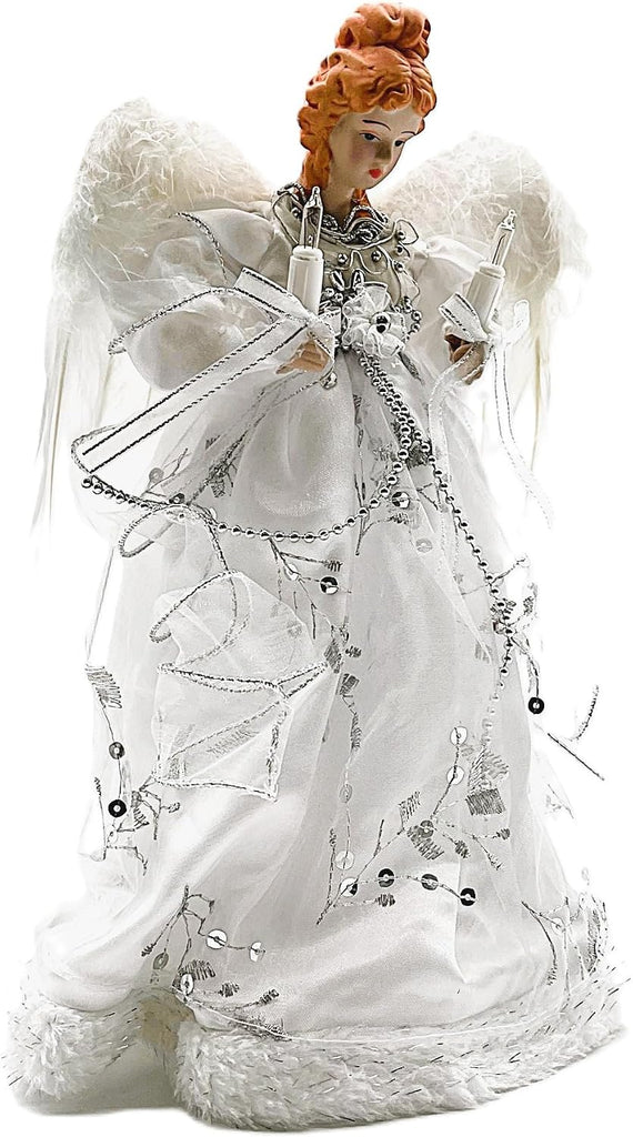 Ice Palace Lighted White and Silver Angel Christmas Tree Topper with Clear Lights, 12"