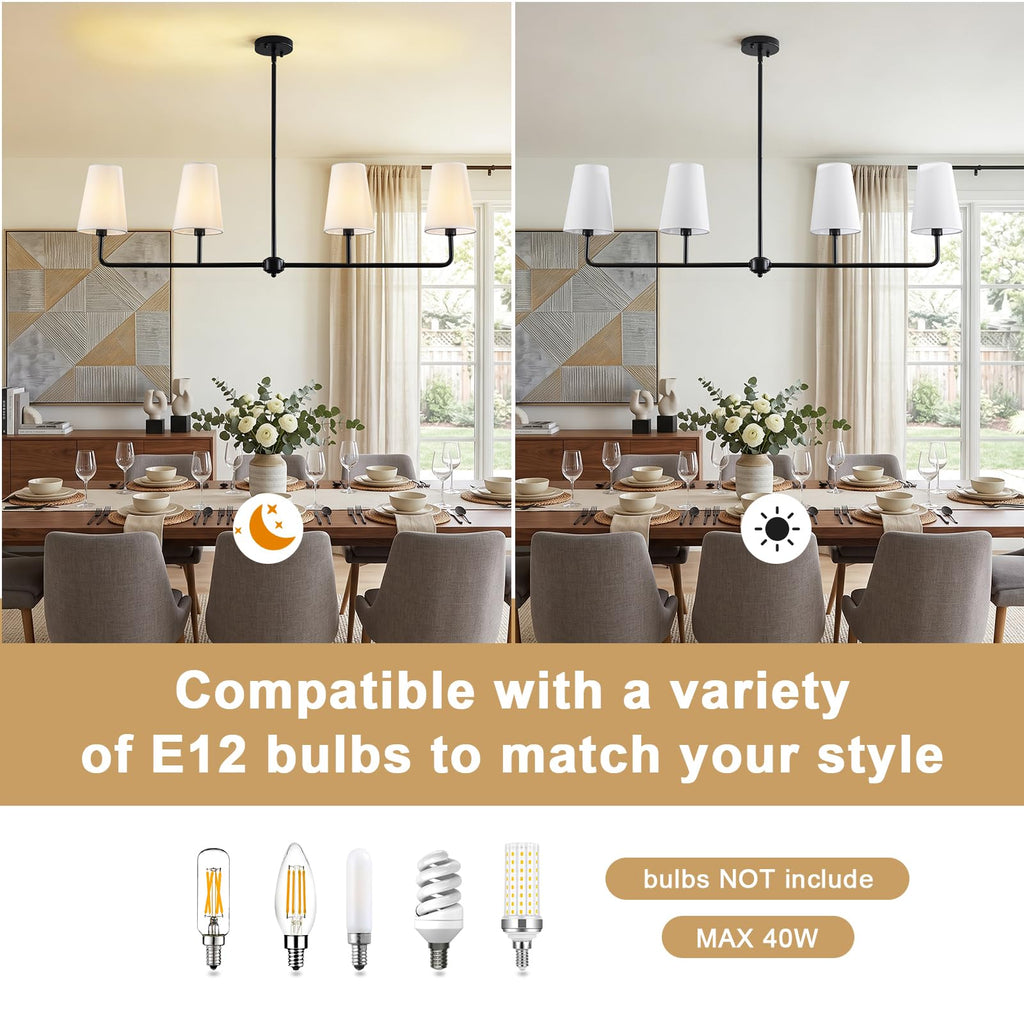 47.6" Large Linear Pendant Light, 4-Light Kitchen Island Lighting with White Linen Shades, Modern Matte Black