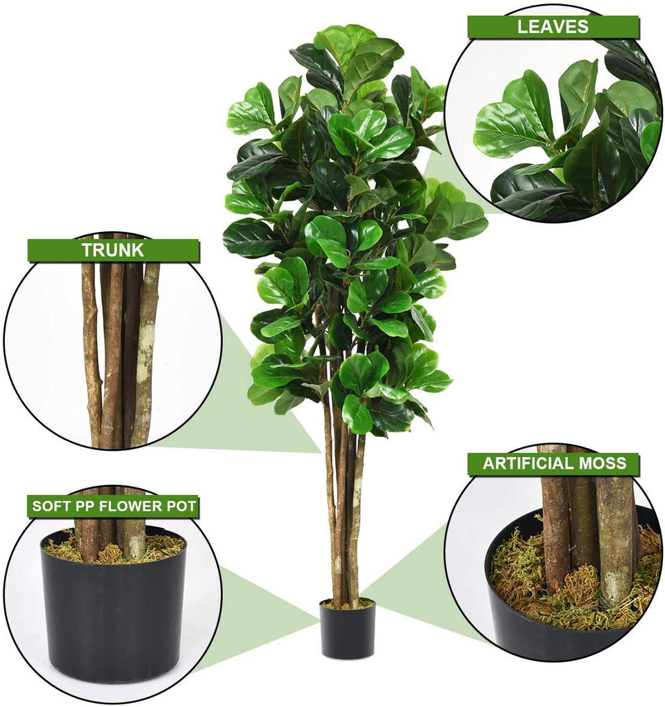 6FT Artificial Fake Fig Tree Greenery Plants Pot, Decorative Indoor & Outdoor Fiddle Leaf Trees Lobby