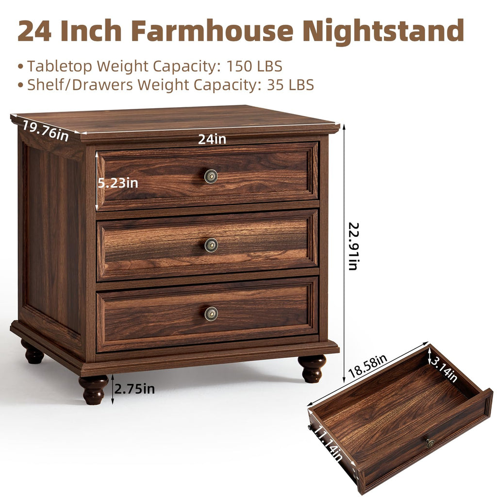 24" Wide Farmhouse Night Stand Set of 2, Large End Table with 3 Drawers & Metal Handle, Brown Wood Dresser Cabinet, Bed