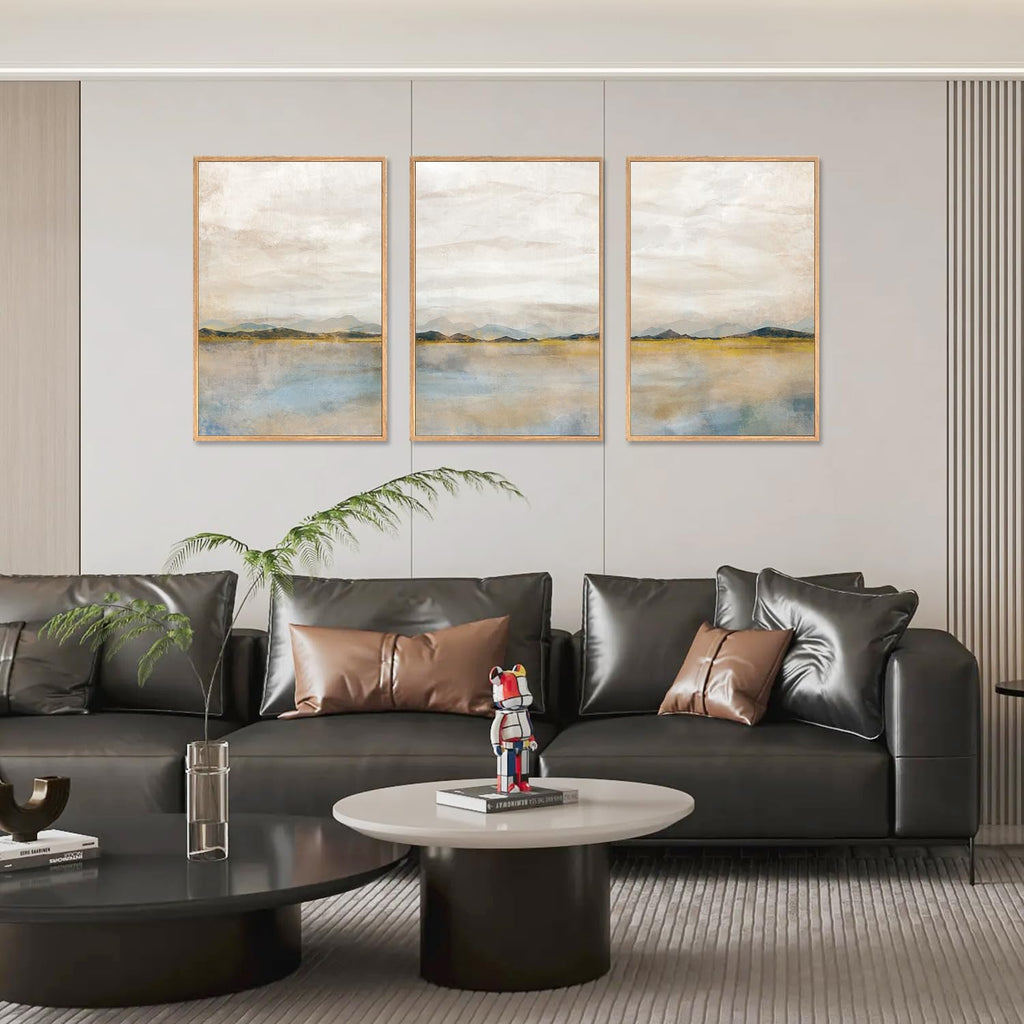 Large Abstract 3 Piece Wall Art 16x24, Neutral Distant Mountain Wall Decor, Watercolor Beige Dusty Nature Landscape