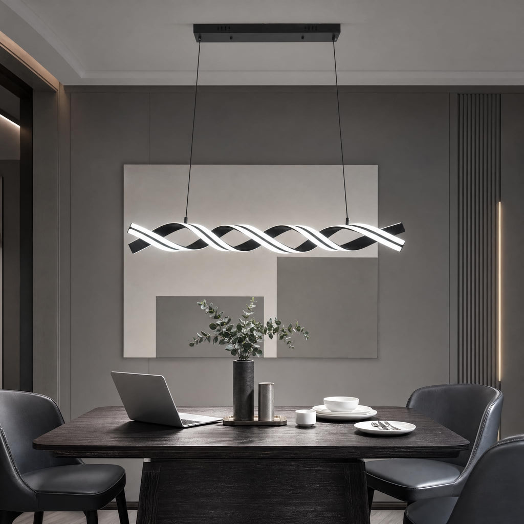 Modern LED Spiral Wave Chandelier, 45 Inch Smart Dimmable Hanging Pendant Light, 56W Linear Fixture Island, Black