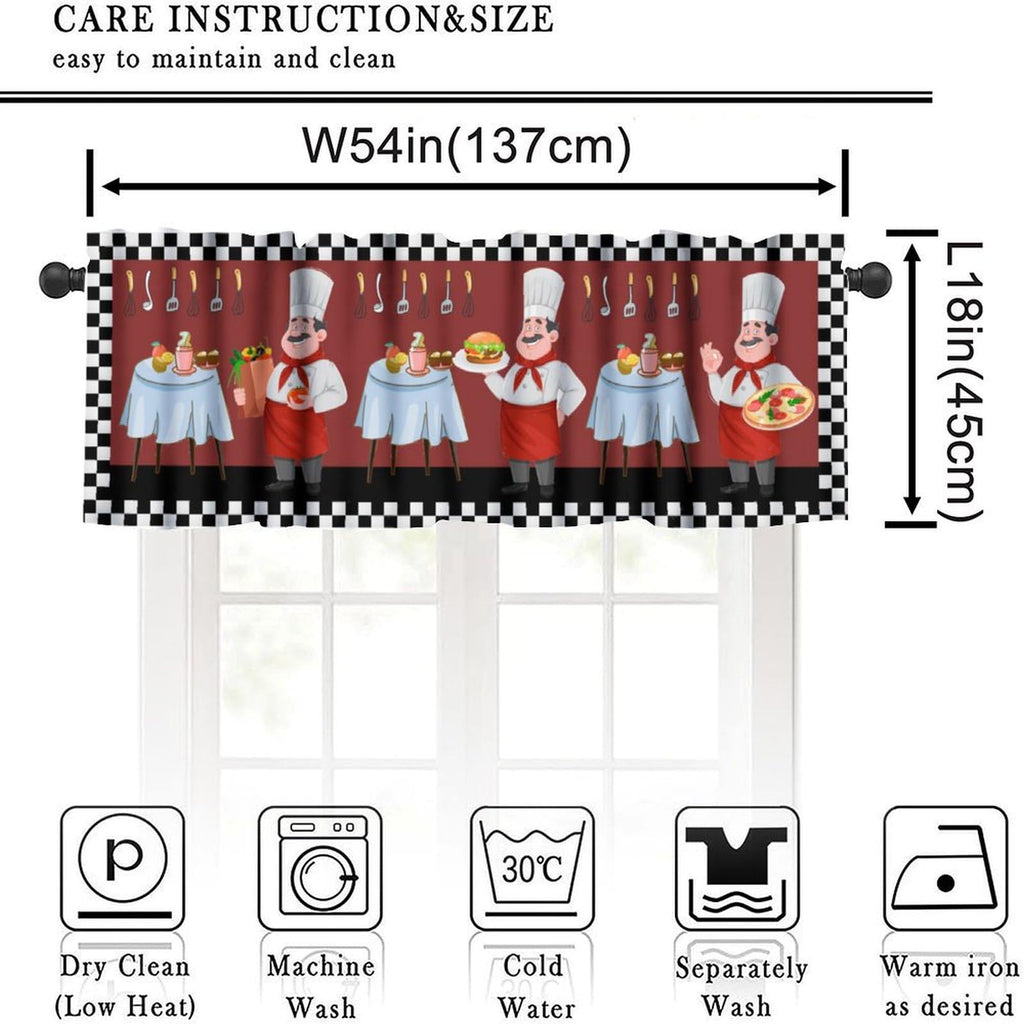 Kitchen Chef Window Valance Curtain, Knife Fork Red Black Check Plaid Tier Curtain Blackout Rod Pocket Curtain
