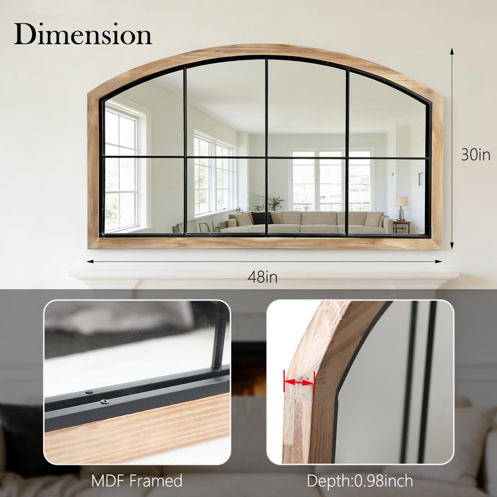 Arch Window Mirror, 48X30 Farmhouse Arch Wall Mirror, Wood Framed Rustic Mirror Metal Inner Frame Decorative, Natural