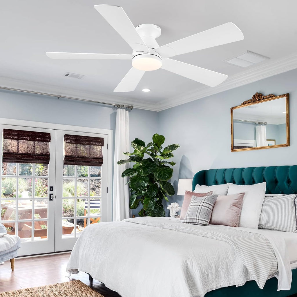52in Ceiling Fans with Lights - White Flush Mount Ceiling Fan Light with Remote, 6 Wind Speeds and Reversible, Modern Low Profile Fan Light for Indoor/Covered Outdoor A101-B0DTD1M3KT