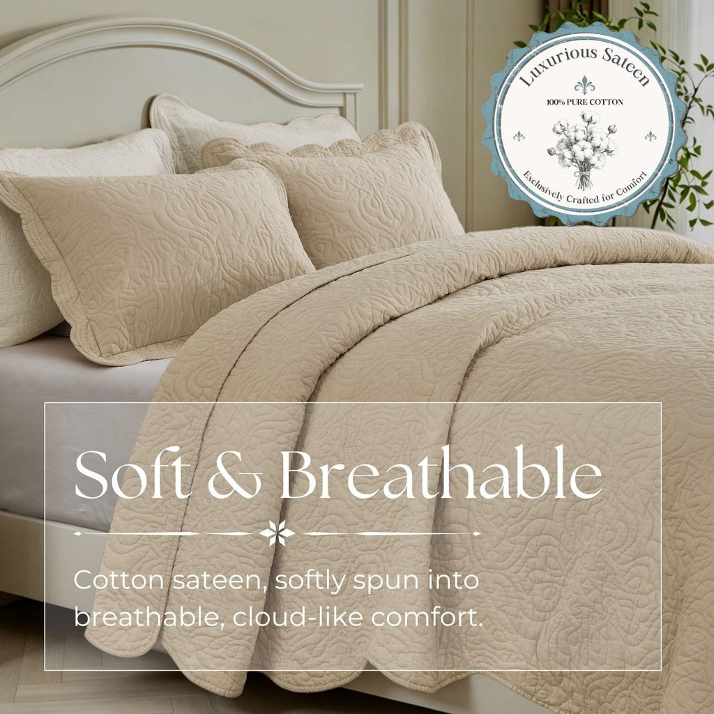 100% Cotton Sateen Quilt Set | Silky Soft & Breathable | Elegant Medallion Damask Pattern | Lightweight Cotton Fill