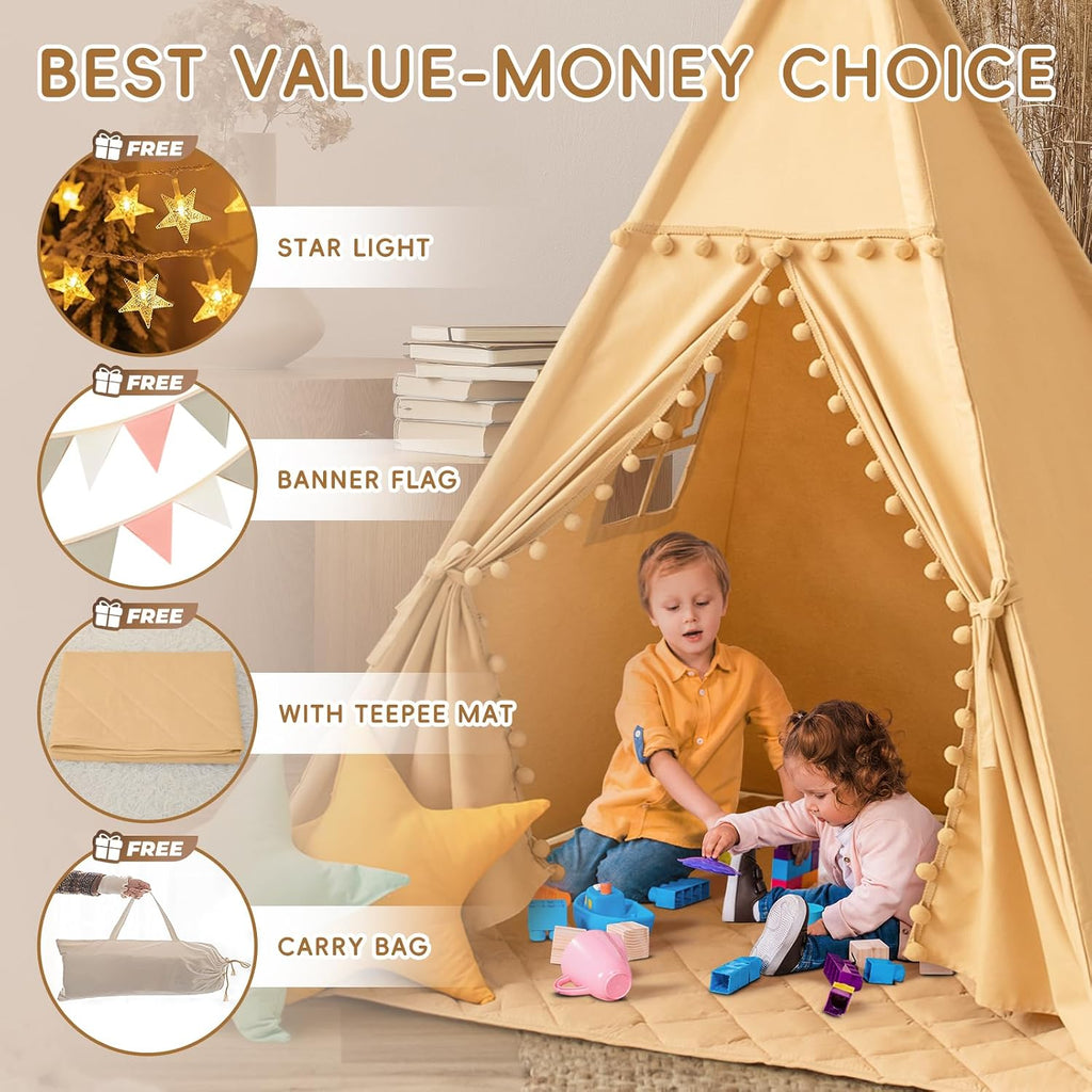 Teepee Tent for Kids with Mat, Cotton Canvas Kids Teepee with Pompom for Toddlers Indoor Play Tent for Girls Boys