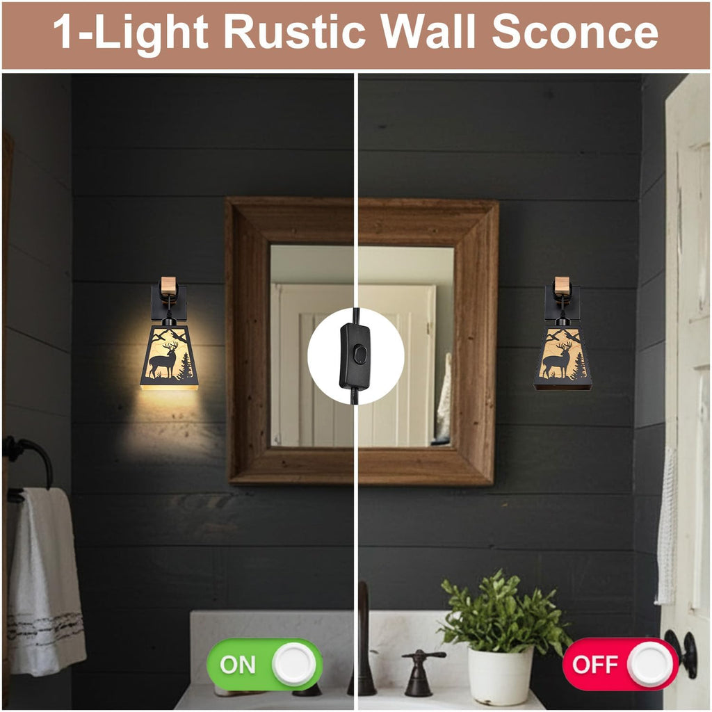Plug in Wall Sconce, Deer Matte Metal Rustic Wall Sconces, Black Wall Lights, Farmhouse Parchment Paper Shades Wall